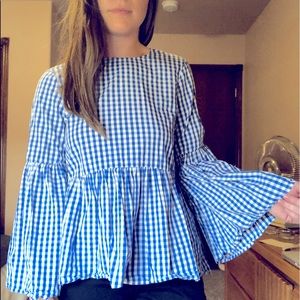 Who What Wear Blue Gingham Bell Sleeve Blouse